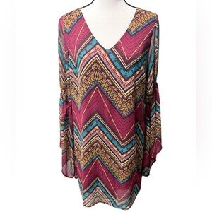 Yahada Western Aztec Tribal Above Knee Bell Sleeve Dress Size Large